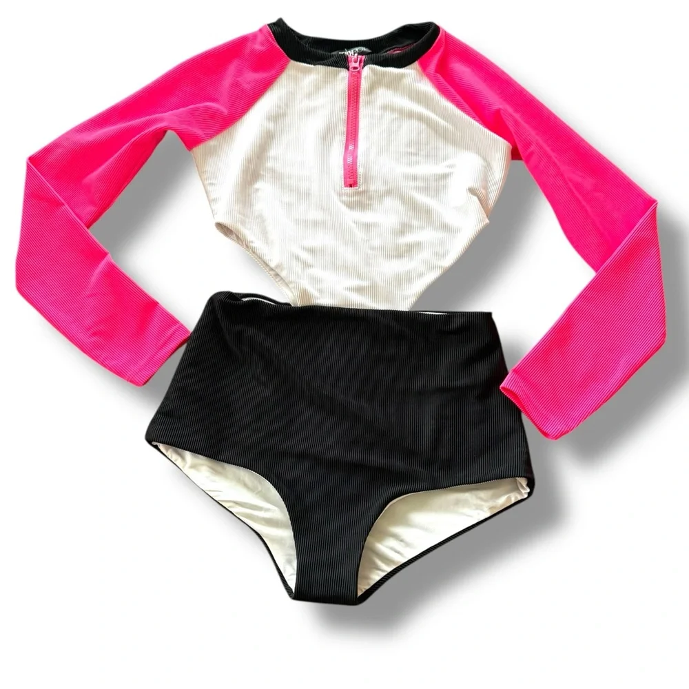 Beach Riot NWOT Women's‎ Pink/Black Bethany Rash Guard Long Sleeve Swimsuit Sz S - Picture 4 of 9